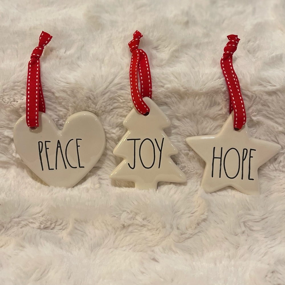 RAE DUNN by Magenta "PEACE, JOY, HOPE” Christmas Ornament Set of 3